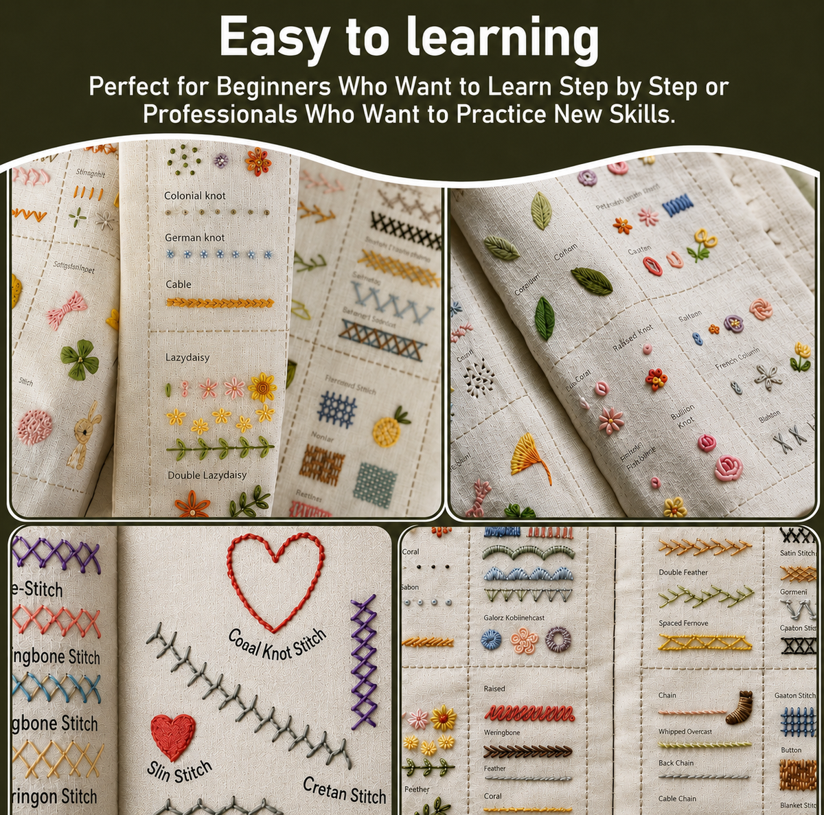 Embroidery Learning & practicing Stitch Book (with kit +143 design)