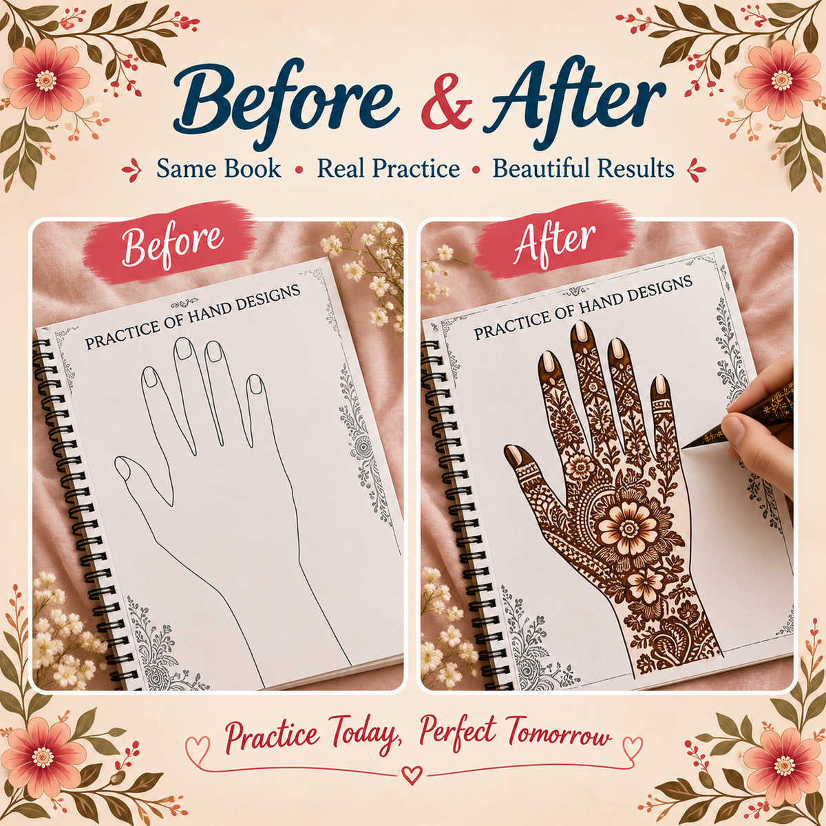 REUSABLE MEHNDI PRACTICE BOOK ( with trasnaprent sheet)
