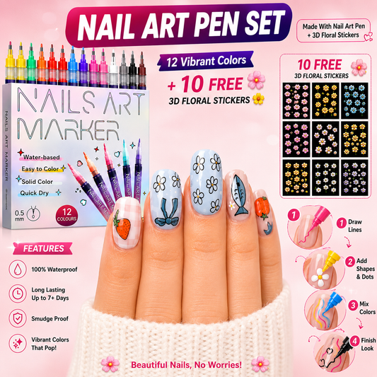 &nbsp;Nail Art Pen 12 pcs Box (10 Free 3D Sheets Floral Stickers)