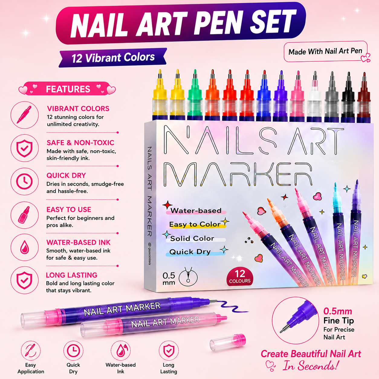 &nbsp;Nail Art Pen 12 pcs Box (10 Free 3D Sheets Floral Stickers)