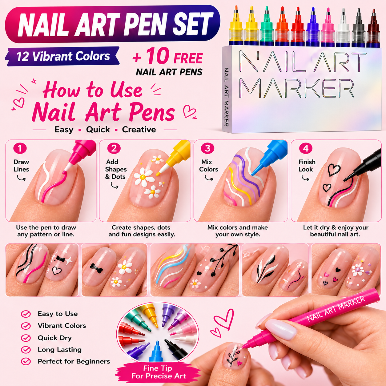&nbsp;Nail Art Pen 12 pcs Box (10 Free 3D Sheets Floral Stickers)
