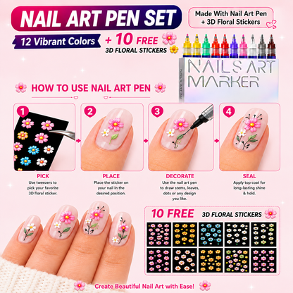 &nbsp;Nail Art Pen 12 pcs Box (10 Free 3D Sheets Floral Stickers)